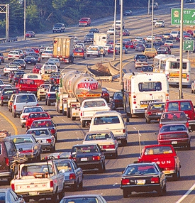 Traffic moves slowly near Seatte, WA, where a majority of drivers say they support other people using mass transit.